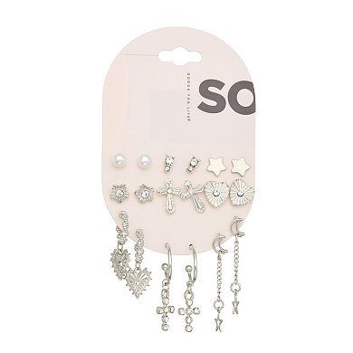 SO® 9-Pair Silver Tone Stud & Hoop Earring Set