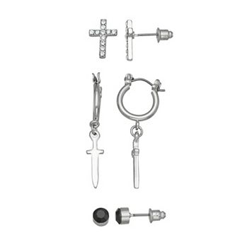SO® 3-Pair Silver Tone Stud & Hoop Earring Set