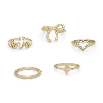 SO® 5 pc Gold Tone Bow & Heart Ring Set