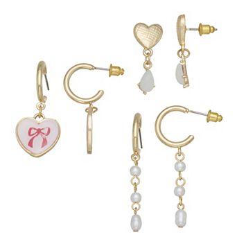 SO® 3-Pair Gold Tone Heart & Simulated Pearl Earring Set