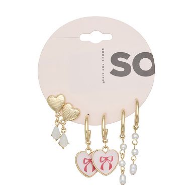 SO® 3-Pair Gold Tone Heart & Simulated Pearl Earring Set