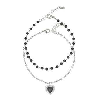 SO® 2 pc Silver Tone Heart Charm Beaded Anklet Set