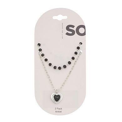 SO® 2-Piece Silver Tone Heart Charm Beaded Anklet Set
