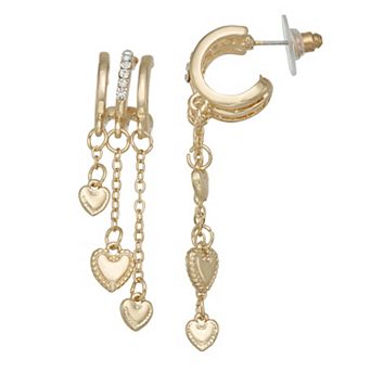 SO® Gold Tone Dangle Hearts Hoop Earrings