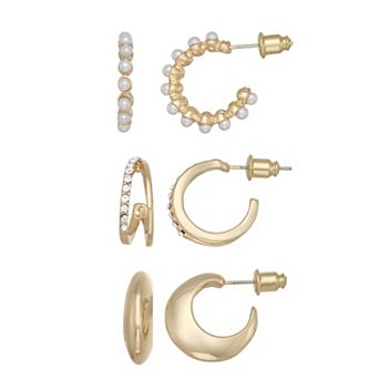 SO® 3-Pair Gold Tone Mixed Hoop Earring Set