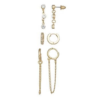 SO® 3-Pair Gold Tone Drop & Hoop Earring Set