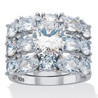 7.54 ct w. Oval Cubic Zirconia Platinum Plated Silver 3 pc Bridal Ring Set