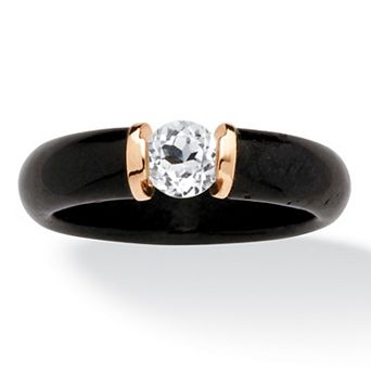 .56 ct w. 10k Solid Gold Genuine Black Jade and Round White Topaz Ring