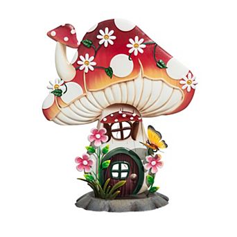 Evergreen Enterprises 16-Inch LED Floral Mushroom House Metal Garden Statue