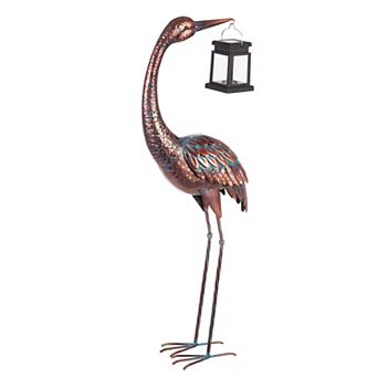 Evergreen 33.5-inch Metal Crane Garden Statue with Solar Lantern Outdoor Decor
