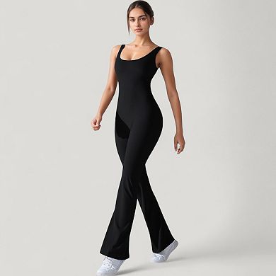 Women's Sleeveless Open Back Fitted Jumpsuit with Flare Leg Design