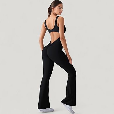 Women's Sleeveless Open Back Fitted Jumpsuit with Flare Leg Design