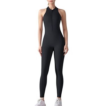 Women's High Neck Sleeveless Activewear Jumpsuit with Back Cutout and Front Zip Closure