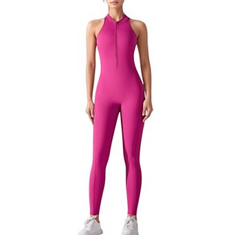 Women's High Neck Sleeveless Activewear Jumpsuit with Back Cutout and Front Zip Closure