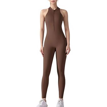 Women's High Neck Sleeveless Activewear Jumpsuit with Back Cutout and Front Zip Closure