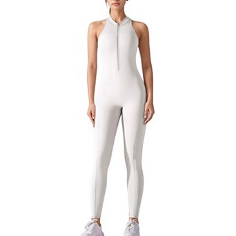 Women's High Neck Sleeveless Activewear Jumpsuit with Back Cutout and Front Zip Closure