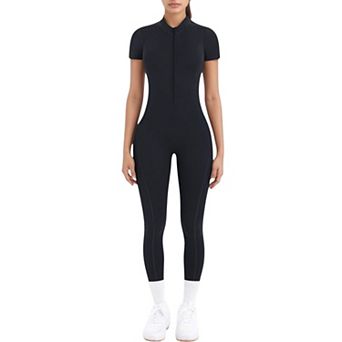 Women's Short Sleeve High Neck Open Back Zip-Up Jumpsuit with Tailored Fit and Scrunch Back Detail