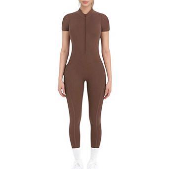 Women's Short Sleeve High Neck Open Back Zip-Up Jumpsuit with Tailored Fit and Scrunch Back Detail