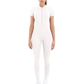 Women's Short Sleeve High Neck Open Back Zip-Up Jumpsuit with Tailored Fit and Scrunch Back Detail