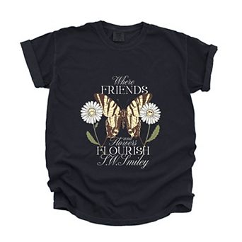 S.W.Smiley Where Friends and Flowers Flourish - Women's Garment Dyed Graphic T-Shirt