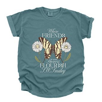 S.W.Smiley Where Friends and Flowers Flourish - Women's Garment Dyed Graphic T-Shirt
