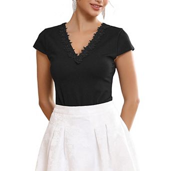 Women's V Neck Bodysuit Lace Trim Going Out Short Sleeve Elegant Formal Leotard Bodysuits Tops
