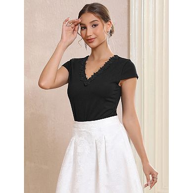 Women's V Neck Bodysuit Lace Trim Going Out Short Sleeve Elegant Formal Leotard Bodysuits Tops