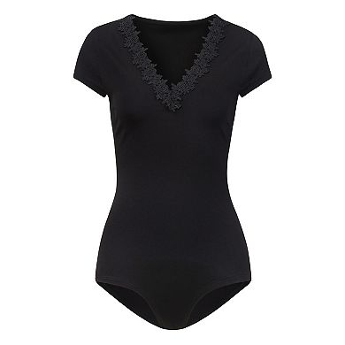 Women's V Neck Bodysuit Lace Trim Going Out Short Sleeve Elegant Formal Leotard Bodysuits Tops