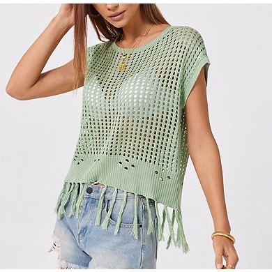 Women's Sleeveless Crochet Knit Vest Crew Neck Solid Color Tassel Beach Knit Top