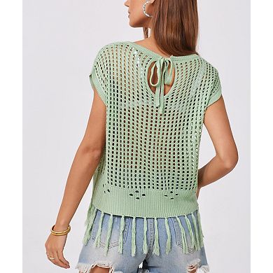 Women's Sleeveless Crochet Knit Vest Crew Neck Solid Color Tassel Beach Knit Top