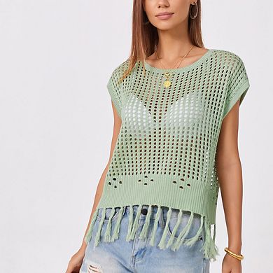 Women's Sleeveless Crochet Knit Vest Crew Neck Solid Color Tassel Beach Knit Top
