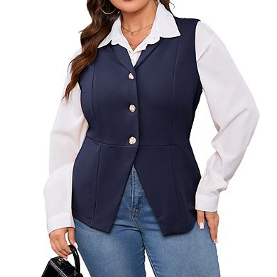 Women's Plus Size Button Front Suit Vest Sleeveless Fitted Waistcoat with V-Neck