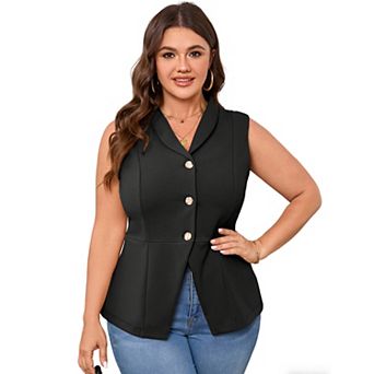 Women's Plus Size Button Front Suit Vest Sleeveless Fitted Waistcoat with V-Neck