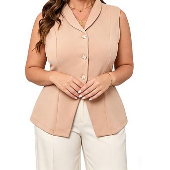 Women's Plus Size Button Front Suit Vest Sleeveless Fitted Waistcoat with V-Neck