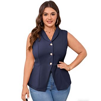 Women's Plus Size Button Front Suit Vest Sleeveless Fitted Waistcoat with V-Neck