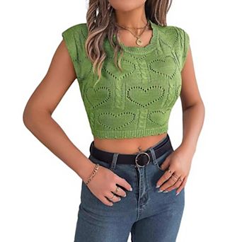 Women Crop Top Knit Sleeveless Pullover Casual Crew Neck Solid Short Basic Tees
