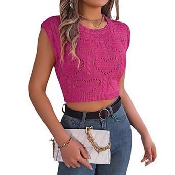 Women Crop Top Knit Sleeveless Pullover Casual Crew Neck Solid Short Basic Tees