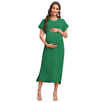 Women's Maternity Short Sleeve Crewneck Side Slit Pregnancy Outfit Midi Dress
