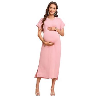 Women's Maternity Short Sleeve Crewneck Side Slit Pregnancy Outfit Midi Dress