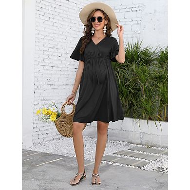 Women's Maternity Dress Short Sleeve Ruffle V Neck Midi Dress