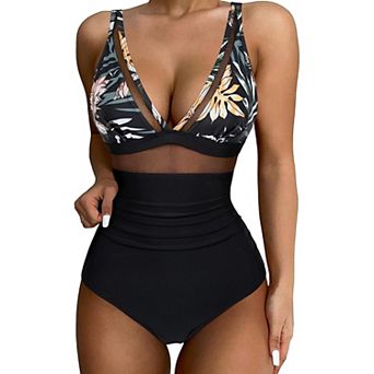 Women's Retro One Piece Swimsuit High Waisted Bathing Suit 90s Inspired Leopard Floral Prints