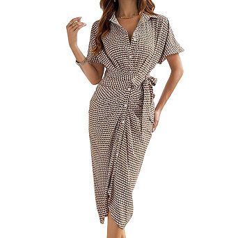 Women's V-Neck Short Sleeve Shirt Dress with Waist Tie, Button Down Ruched Midi Dress