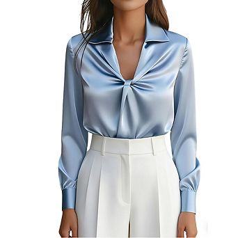 Women's Satin Twist Front Blouse Collared V Neck Long Sleeve Work Top