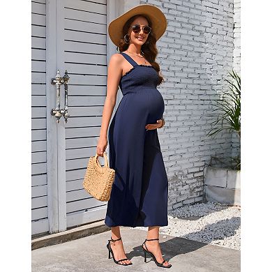 Women Maternity Ribbed Jumpsuit Sleeveless Square Neck Wide Leg Stretchy One Piece Romper