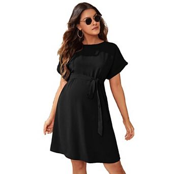 Women Maternity Dress Short Sleeve Casual Crew Neck Pregnancy Dresses With Belt