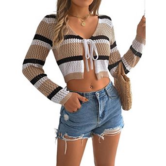 Womens Striped Tie Front Crop Cardigan Sweater Crochet Knit Lightweight Color Block Bolero Shrugs