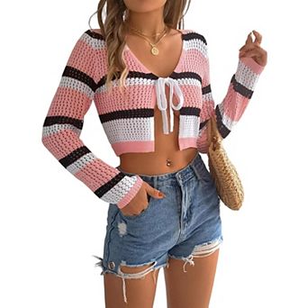 Womens Striped Tie Front Crop Cardigan Sweater Crochet Knit Lightweight Color Block Bolero Shrugs