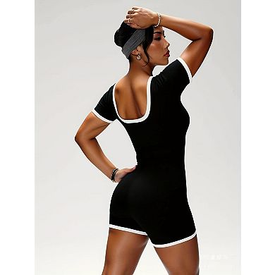 Women's Short Sleeve Square Neck Color-Block Slim Fit Bodysuit