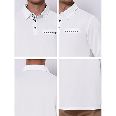 Men's Casual Contrast Collared Pocket Long Sleeves Polo Shirts