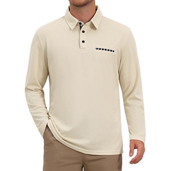 Men's Casual Contrast Collared Pocket Long Sleeves Polo Shirts